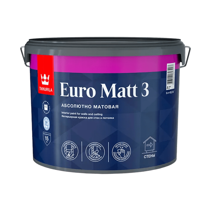 Краска в/д  ЕВРО-3 MATT (База А) 9 л Тиккурила