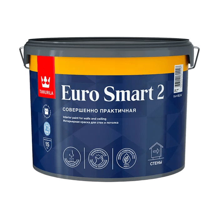 Краска в/д  ЕВРО-2 SMART глубоко матовая латексная 9л, Тиккурила