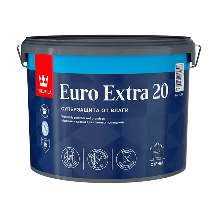 Краска в/д  ЕВРО-20 EXTRA  п/мат стойкая к мытью (База А) 9 л, Тиккурила