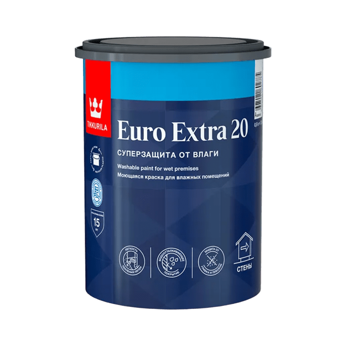 Краска в/д  ЕВРО-20 EXTRA  п/мат стойкая к мытью (База С) 0.9л, Тиккурила