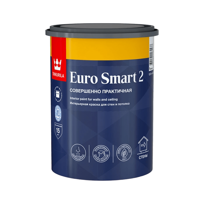 Краска в/д  ЕВРО-2 SMART глубоко матовая латексная 0,9л, Тиккурила