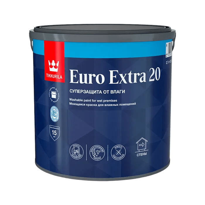 Краска в/д  ЕВРО-20 EXTRA  п/мат стойкая к мытью (База А) 2,7 л, Тиккурила