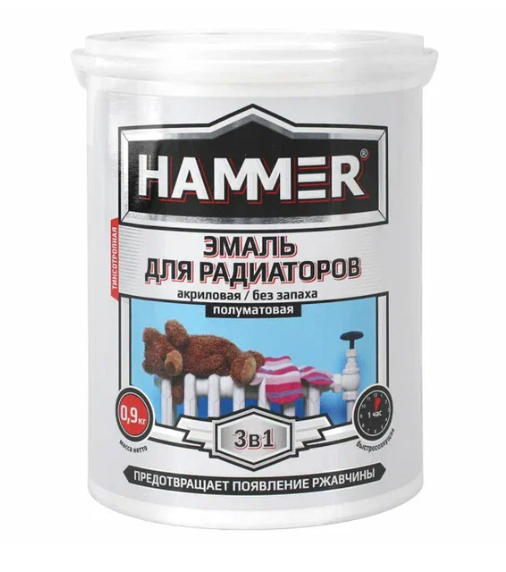 Эмаль для радиаторов акриловая п/матовая белая 0,9л. HAMMER