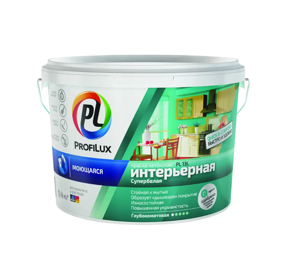 PROFILUX Краска в/д латексная (моющая) с/белая PL-13L  (База 1) (9 л/14 кг)